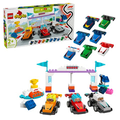 Lego Duplo F1® Team Race Cars & Drivers construction set featuring colorful race cars, a winner's podium, and race track elements.
