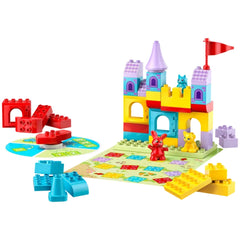 Colorful LEGO® DUPLO® Hopsy’s Castle Game set featuring a vibrant castle, a spinner, and adorable animal figures, all on a playful board.