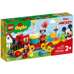 Colorful LEGO® DUPLO® construction set featuring Mickey and Minnie Mouse on a birthday train with a cupcake, balloons, and educational number blocks.