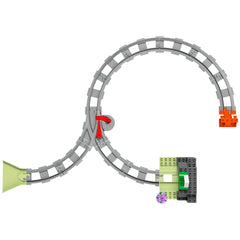 LEGO® DUPLO® Train Tunnel and Tracks Expansion Set featuring a winding grey track, a two-way switch in red, and a colorful tunnel with a flower detail.