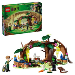 LEGO Elphaba's Retreat set featuring vibrant green trees, enchanting elements, and characters from Wicked, designed for kids 7+.