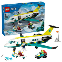 LEGO City Emergency Air Ambulance Plane set featuring a white and green twin-engine airplane, fold-down stairs, and a medical lab. Includes minifigures: pilot, doctor, paramedic, skier, along with a snow scooter and airport scene.