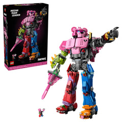 Colorful LEGO® Fortnite® Mecha Team Leader standing at 17.5 inches tall, wielding a pink sword. A smaller character stands beside the set's box featuring the figure.