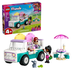 LEGO Friends Heartlake City Ice Cream Truck set, featuring a colorful ice cream truck, two minidolls, a bunny figure, and a table with an umbrella.