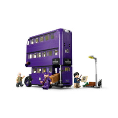 LEGO Harry Potter Knight Bus Adventure set featuring a vibrant purple triple-decker bus, scene with wizards, a streetlamp, and a cat.