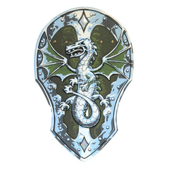 Liontouch Dragon Shield features a glossy metal design with a coiled green dragon on a blue and green shield-like surface.