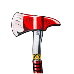 Liontouch firefighter hatchet featuring a red and white axe head, black handle, and yellow flame design for role-playing fun.