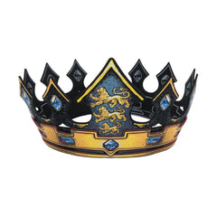 Liontouch King Crown in glossy yellow with blue and black patterns, featuring three spikes and a lion emblem.