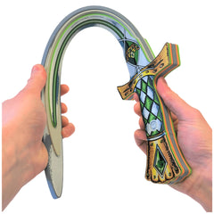Liontouch Kingmaker Sword with a textured green and gray handle and a reflective silver and blue blade.