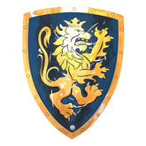 Blue knight shield featuring a roaring lion emblem with a golden border and yellow details, perfect for role playing.