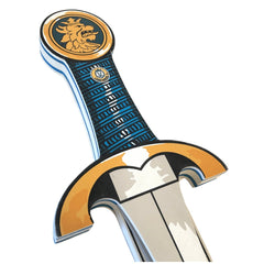 Knight sword from Liontouch in blue and gold, featuring a metallic blade and textured grip with emblems.