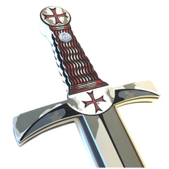 Maltese Sword featuring a red and black handle, white grip with a pattern, and a red cross, ideal for role playing.
