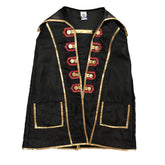 Liontouch Pirate Cape features black fabric with gold trim and buttons, designed for pretend play and role playing.