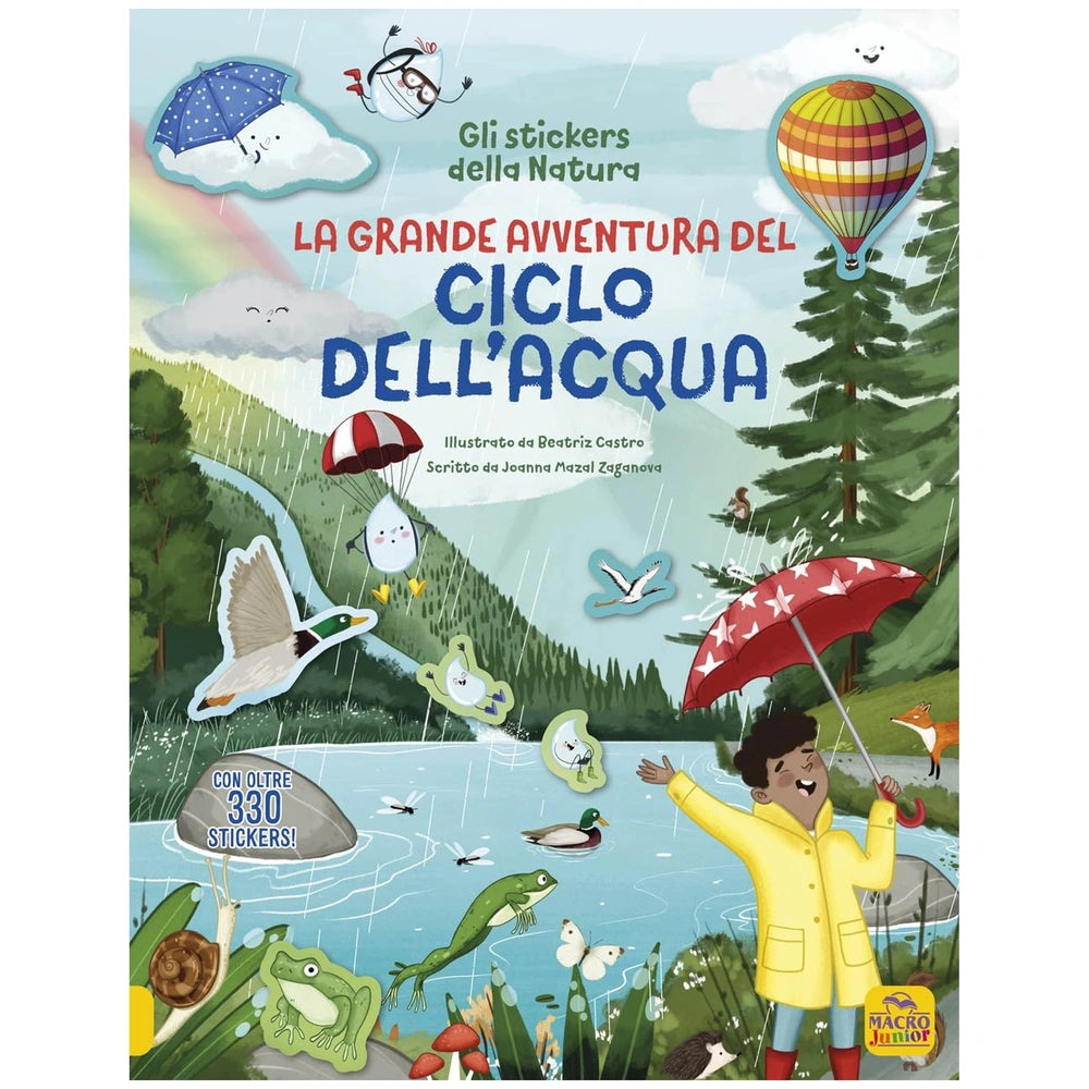 Macro Junior book packaging features a child with an umbrella, colorful illustrations, and a clear window showcasing 330 natu