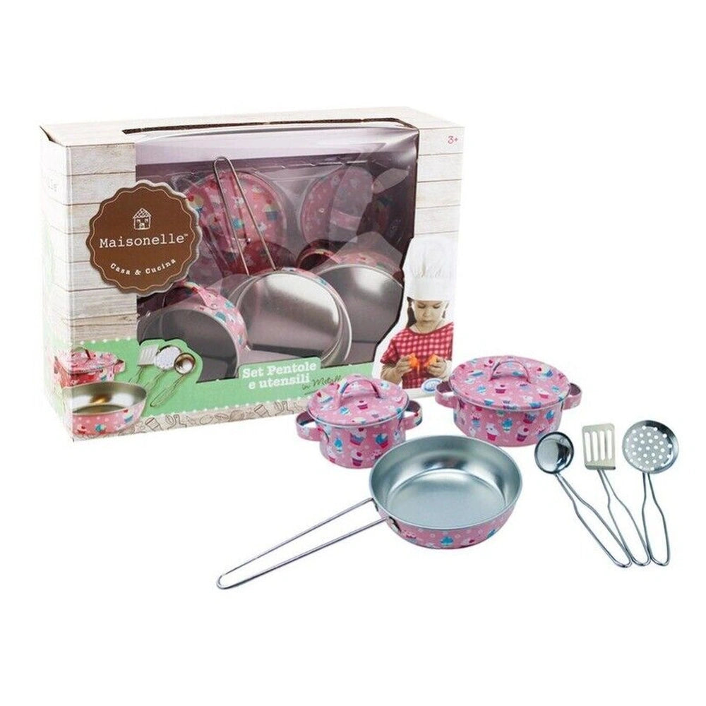 Maisonelle Metal Cookware Set 8 Pcs includes utensils and a child figurine in a brown and white retail package.
