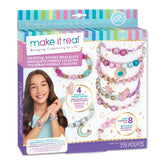 Make It Real Celestial Stones Bracelets packaging features colorful designs, charms, and a girl's face, promoting creativity.