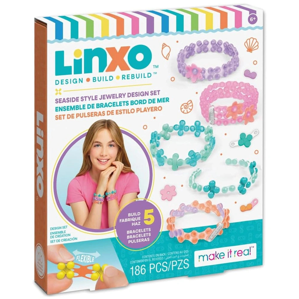 LINXO Seaside Jewelry Design Set packaging features colorful bracelets, girl's face, and clear plastic window with crafting t