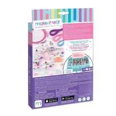 Positive Gems Jewelry packaging features purple matte cardboard, colorful beads, and accessories like a bracelet, hair tie, a