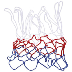 Mandelli basketball hoop net made of thin, flexible red and white fabric with interconnected loops and strands.