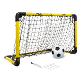 Mandelli folding football holder with yellow netting, black frame, white ball, and metal pole, featuring "Goal" text.