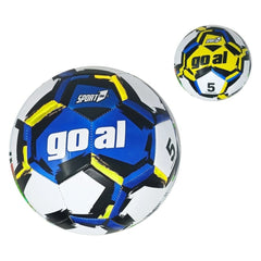 Mandelli GOAL Size 5 Soccer Ball featuring a hexagonal design in blue and yellow with multiple black pentagons and white numb