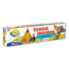 Mandelli Indian Tent play equipment packaging features a yellow tent graphic, age 24+, with red and blue text on a white back