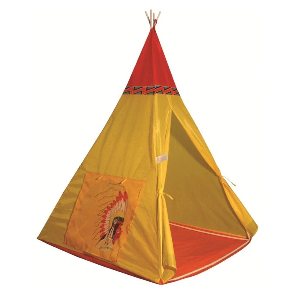 Mandelli Indian tent with a yellow body, red top, front zipper, and small window, featuring a red and yellow pattern.
