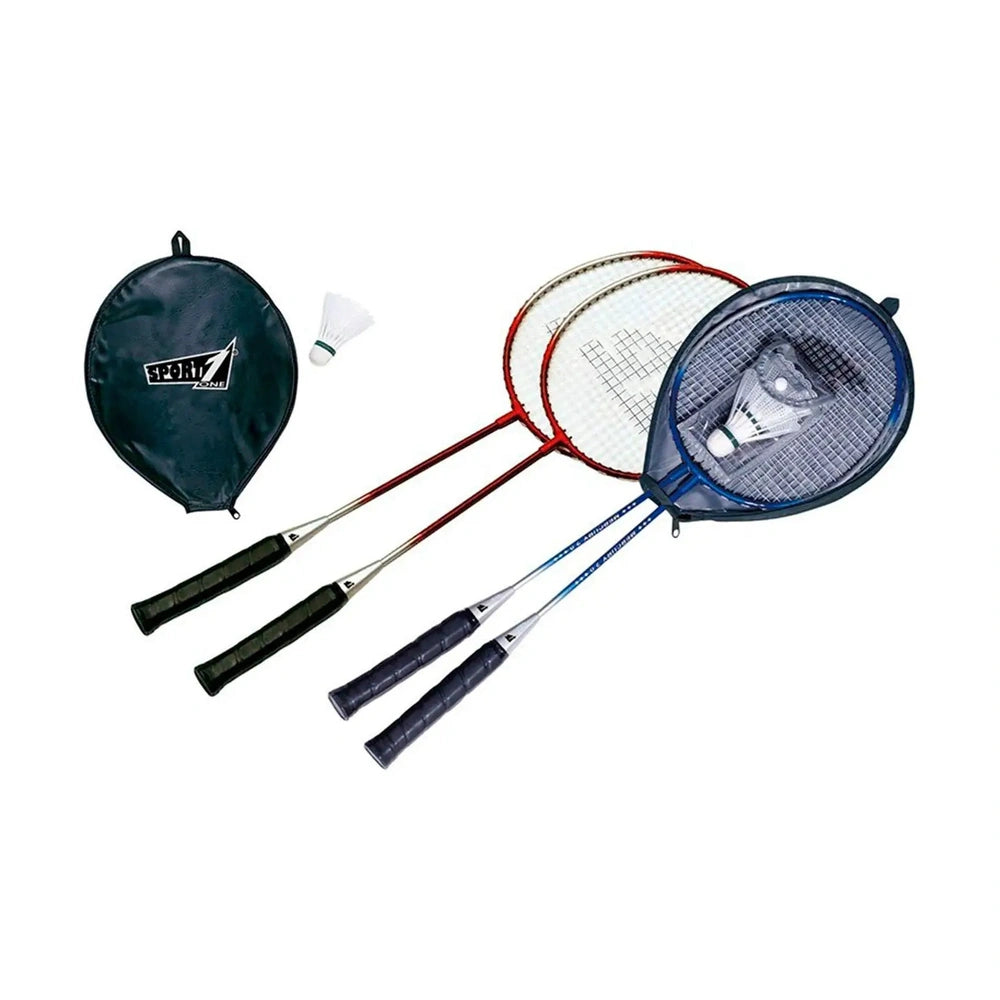 Mandelli Mercury Badminton Set features two upright rackets with red and white frames, black and red handles, and a black fab