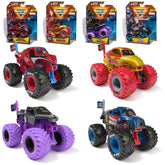 Marvel Monster Jam trucks in vibrant red, black, and purple with large tires arranged in a grid on a white background.
