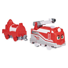 Mighty Express Motorized Train set featuring two glossy red plastic trains with gray details and one equipped with a white ca