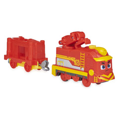Mighty Express Motorized Train set features two red and yellow toy trains with wheels and a ladder on one train.