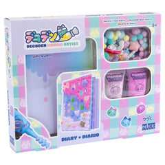 Momomi Decoden Kawaii Arts & Crafts Kit in a pink and blue checkered matte cardboard box with a transparent plastic window.