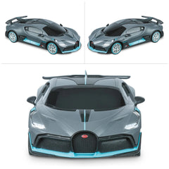 Mondo Bugatti DIVO radio-controlled car in light gray with dark gray roof, glossy and matte finishes, featuring clear lights