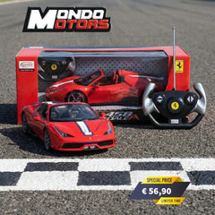 Mondo Ferrari 458 Speciale A radio-controlled car in red and black packaging with clear window and detailed components.