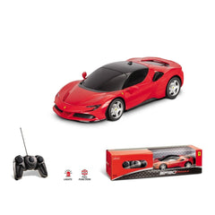 Mondo Ferrari SF 90 Stradale red radio-controlled car with black details, shiny finish, and displayed in transparent packagin
