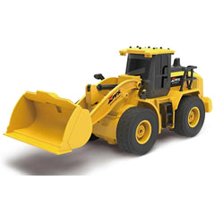 Mondo Motors RC-MX-Bulldozer in yellow with black tires, bumpers, and grills, showcasing a detailed front view.