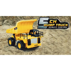 Mondo Motors RC MX Dumper in yellow with black tires, featuring a scoop, grill, and bumpers, showcasing a 1:24 scale model.