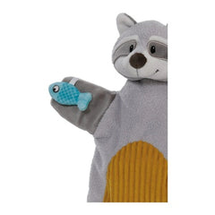 Gray raccoon hand puppet cuddle blanket with yellow belly, holding a blue fish toy with white belly and tails.