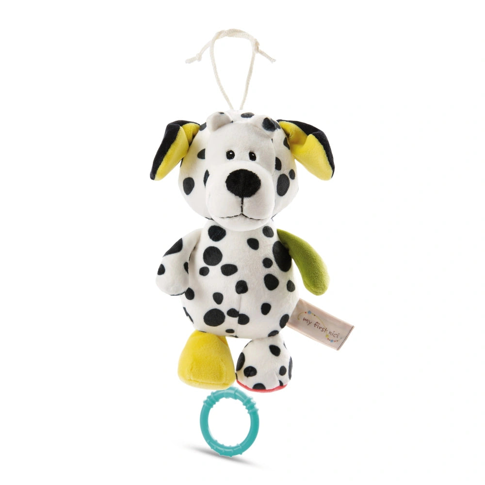 Musical box Dalmatian teddy bear with soft fabric, yellow ears, black spots, and a light blue belly button, perfect for baby
