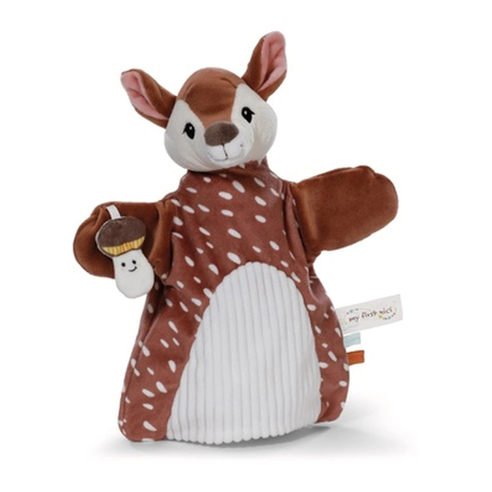 My First NICI Rehkitz 2-in-1 plush toy features a brown body with white polka dots and a matching cup with a patterned design