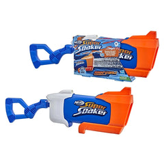 Nerf Super Soaker Rainstorm packaging features blue and orange plastic handles with white plastic trigger components.