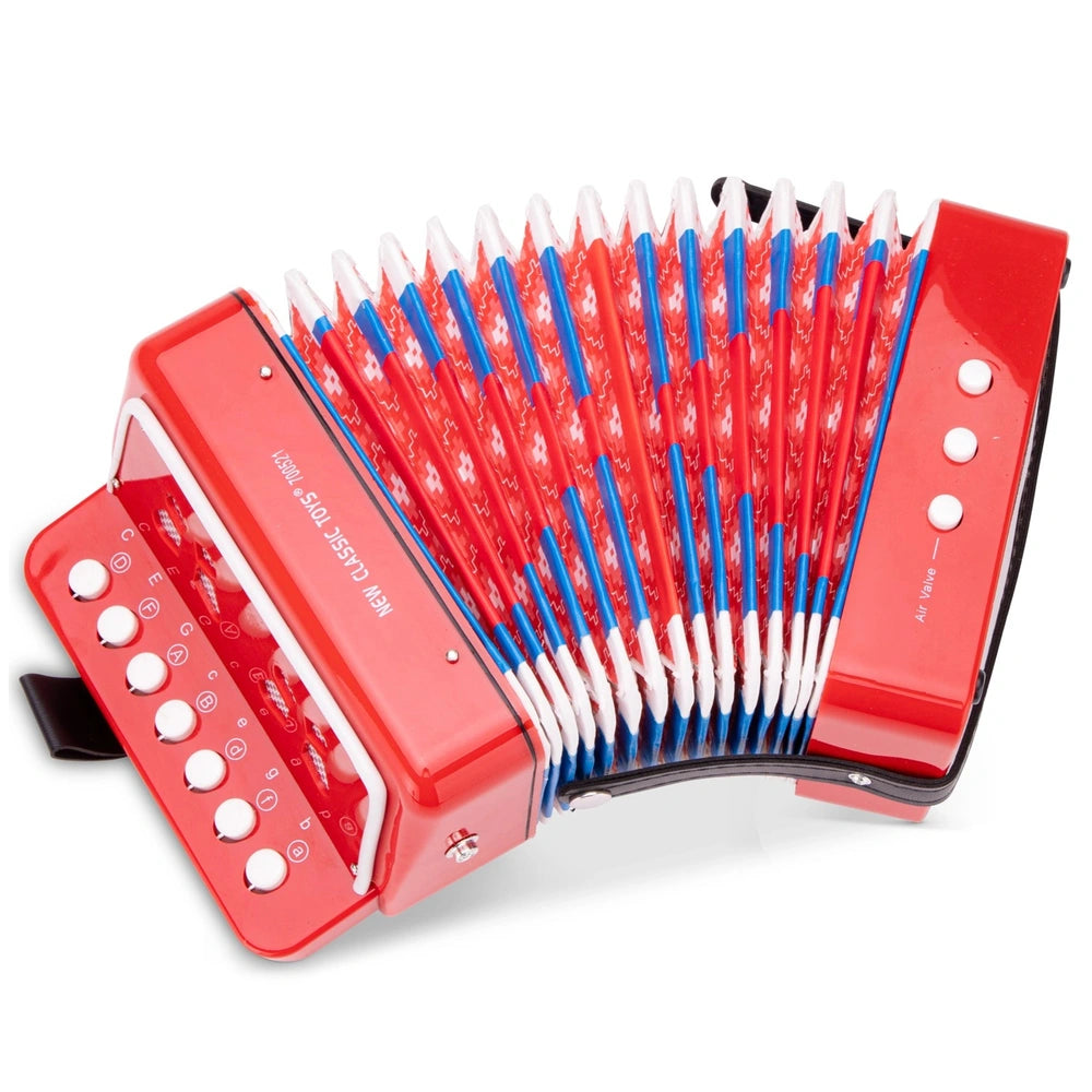 Red accordion with white buttons, red keys, and flexible bellows, featuring a metallic hinge, suitable for musical play.