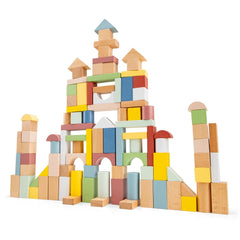 New Classic Toys building blocks set with 100 pieces, featuring colorful wooden blocks and plastic connectors in various arra