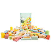 New Classic Toys wooden building blocks set with 100 pieces, featuring colorful packaging with printed design and glossy text