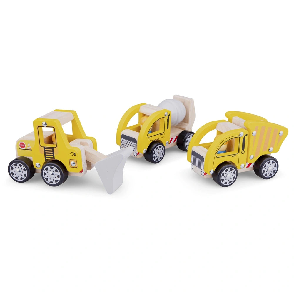 New Classic Toys construction vehicles set featuring a yellow truck body, gray bed liner, and black wheels.