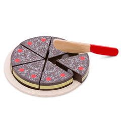 Cutting Cake toy featuring a glossy pizza with red circles, yellow stripe, and wooden spatula on a white plate.