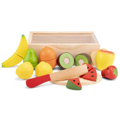 New Classic Toys Cuttingset with wooden box, knife, and colorful plastic fruits including banana, apple, and watermelon.