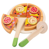 New Classic Toys pizza cutting set featuring a wooden handle and multiple plastic cutter blades for pretend play.