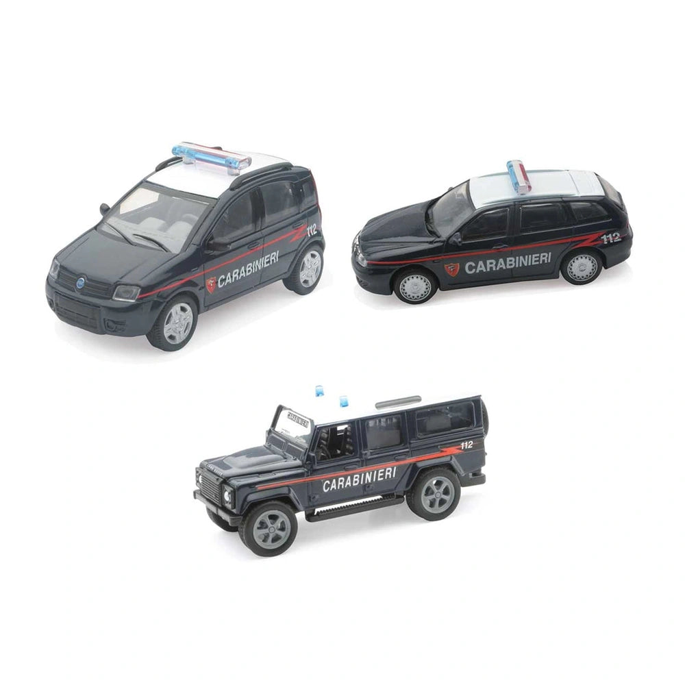 Carabinieri die-cast model cars in gray with red stripes, white roofs, and black windows, featuring "CARABINERI" and "112" te