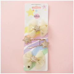 Classy ribbon hair clip set in white with gold accents, featuring three star-designed clips in pink matte cardboard packaging